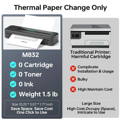 M832 Portable Printer A4 BT Printer for Travel 300Dpi Wireless Inkless Thermal Printer Use in Ios Android Phone Laptop