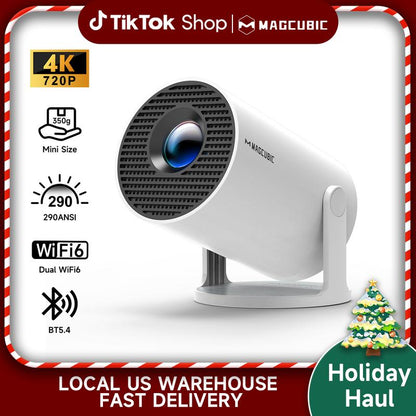 [US Warehouse] Magcubic Hy300Pro Projector 290ANSI Dual Wifi6 4K 1080P Decode Auto Keystone Correction Wireless BT5.4 130"Screen 1280*720P Android 11 Built-In Speaker Allwinner H713 180° Rotatable Mini Portable Home Cinema Outdoor Audio Black Friday Gift